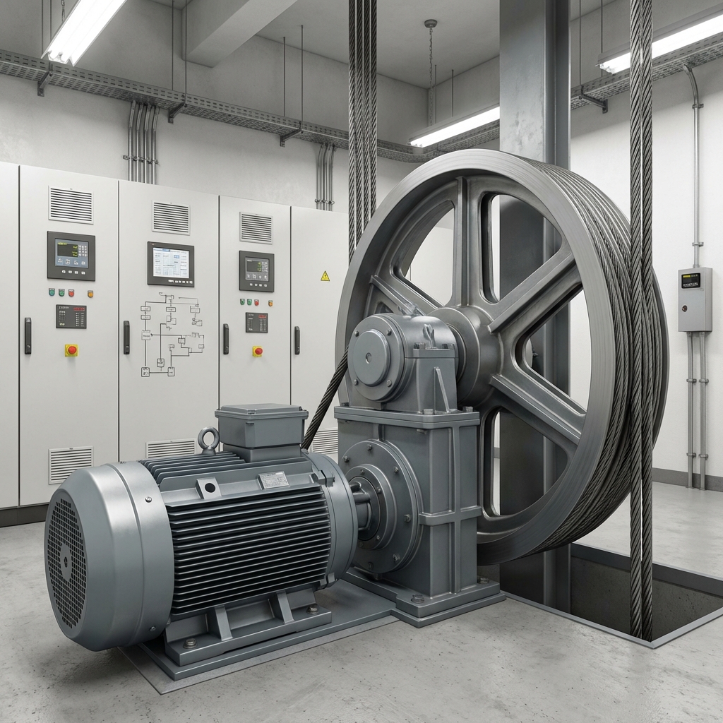 آلية عمل المصعد الكهربائي - موتور وحبال فولاذية