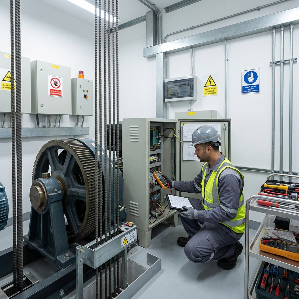 فني صيانة مصاعد يفحص غرفة الماكينة
